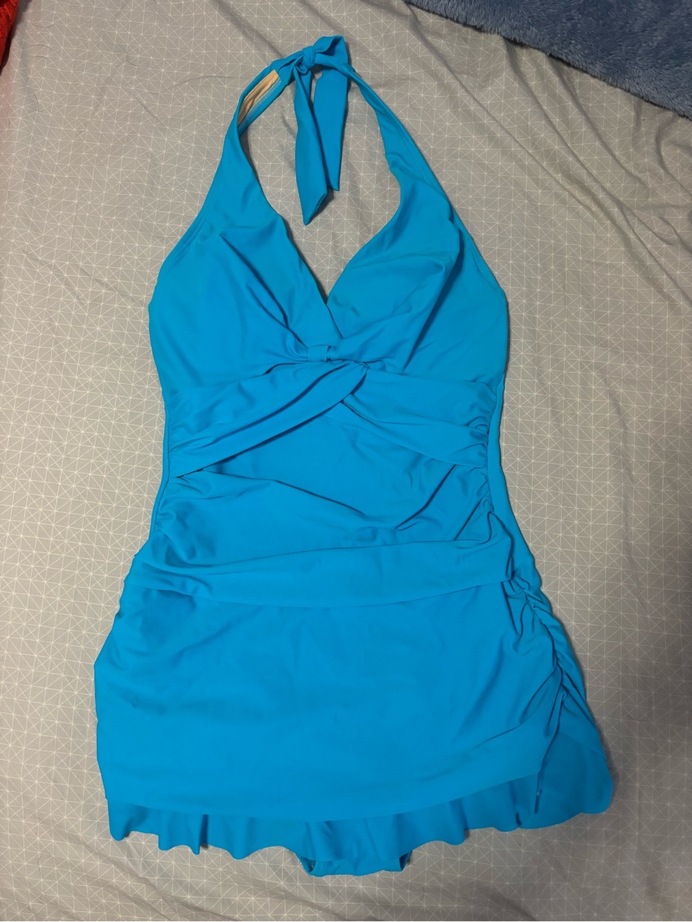 Turquoise Halter One-Piece Swimdress with Twist Front